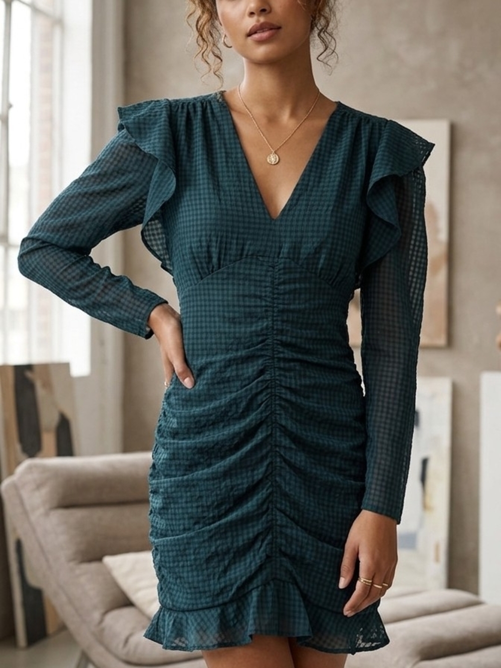 Endless Rose Teal Ruched V-Neck Long-Sleeve Dress Evenings Or Day.    WD 23
